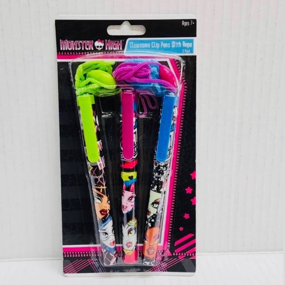 Monster High Set of 3 clawsome clip pens with rope